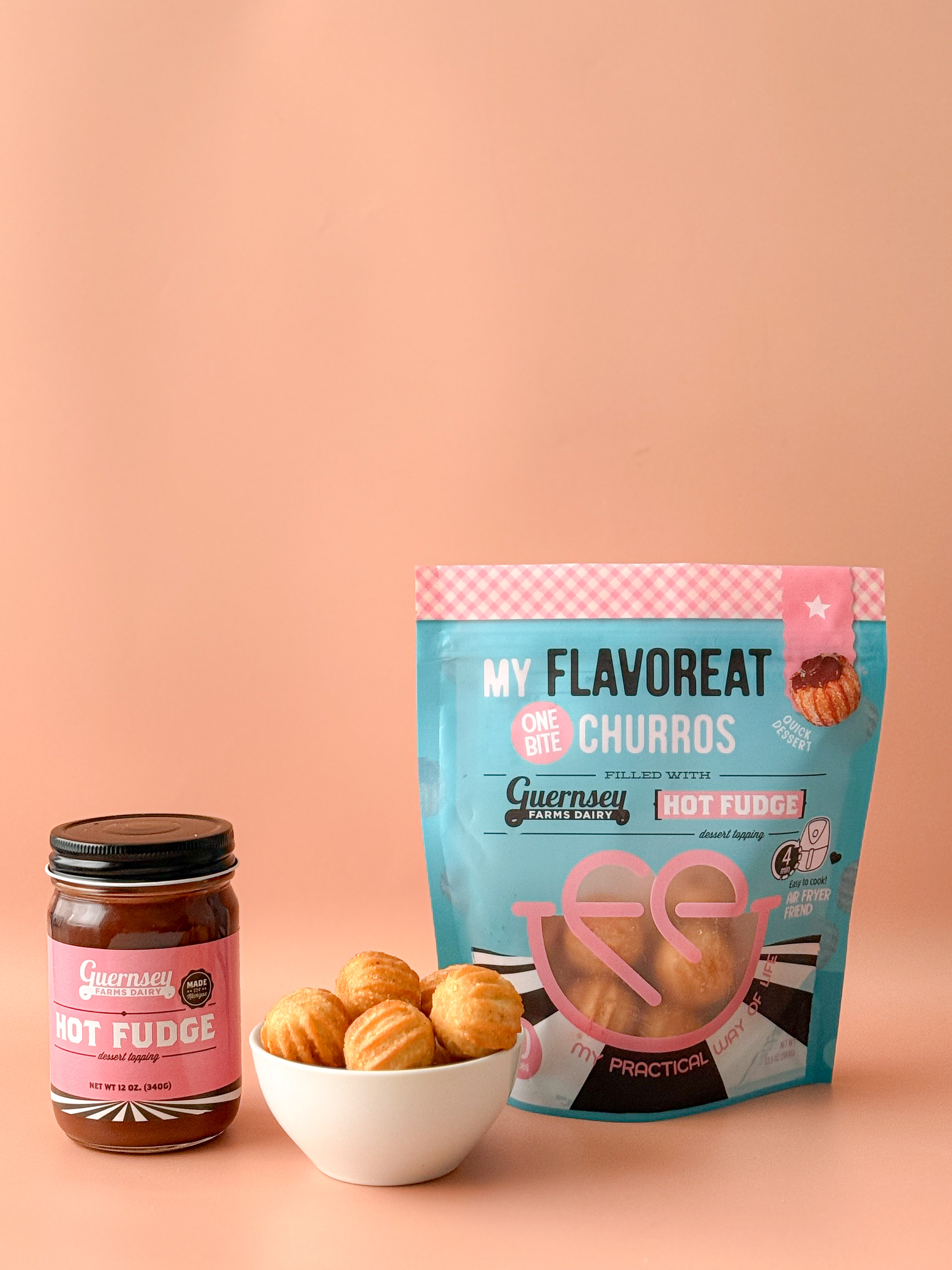 1 Bite Mini Churros with Hot Fudge with its packaging and serving suggestion